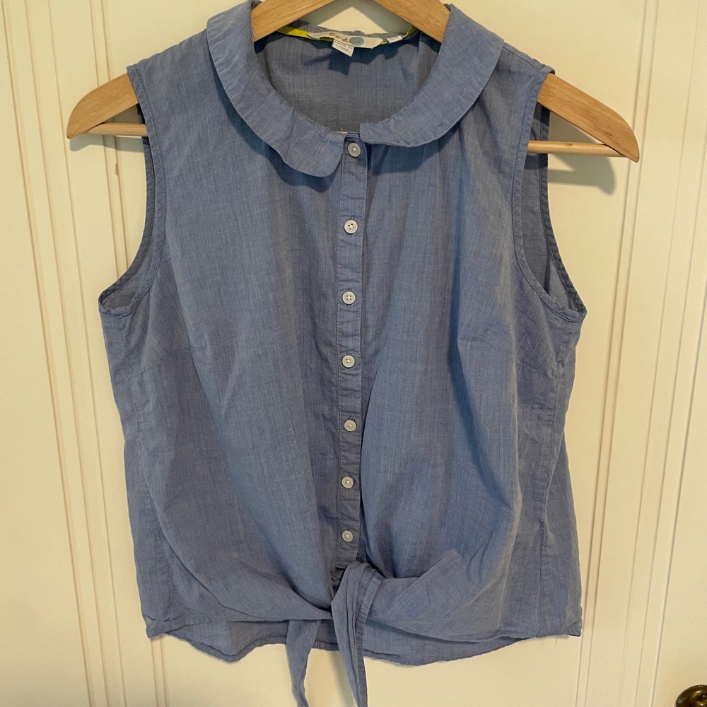Boden Sleeveless Chambray Tie Front Button Down Shirt Peter Pan Collar US 6